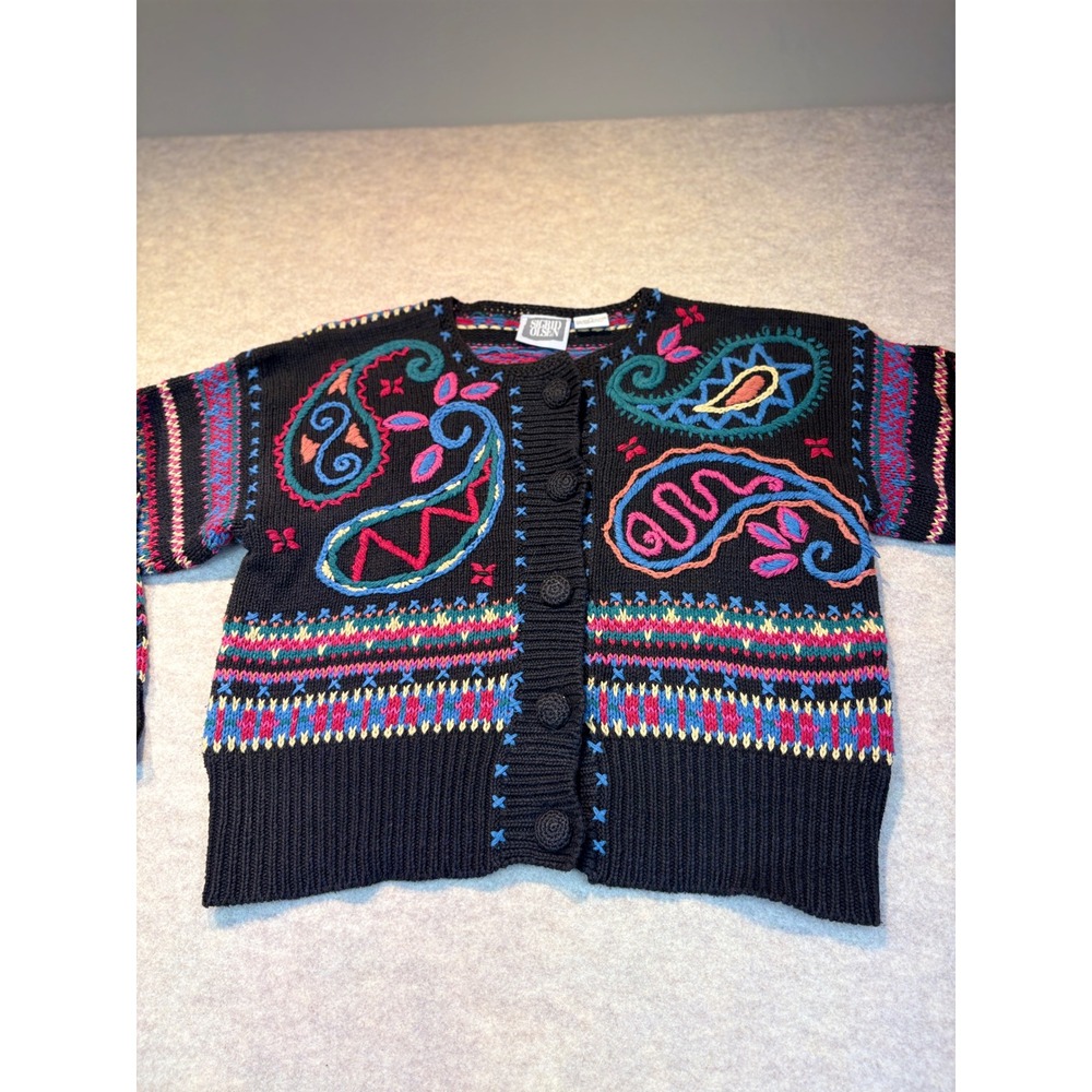 Vintage 90s Sigrid Olsen Embroidered Paisley Cardigan Sweater Black XL Cotton - Picture 5 of 8